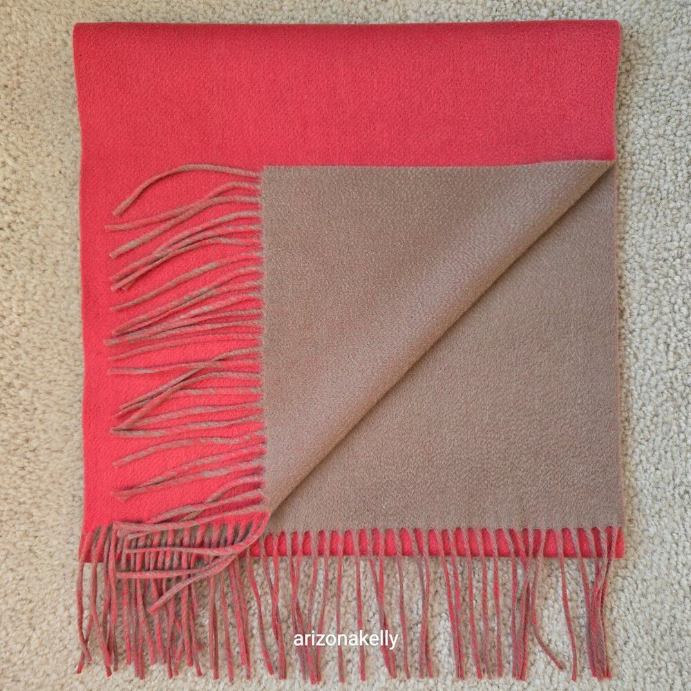 NWOT Arkis Cashmere Luxury Two-Tone Fringed Scarf Pink and Tan - Picture 10 of 15